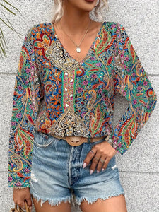 Printed V-Neck Long Sleeve Blouse