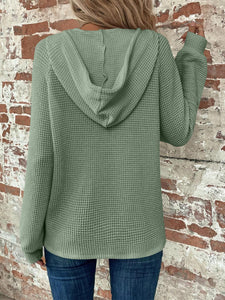 Waffle Knit Long Sleeve Drawstring Hooded Top