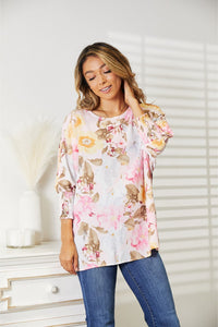 Double Take Floral Round Neck Three-Quarter Sleeve Top