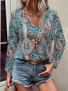 Printed V-Neck Long Sleeve Blouse