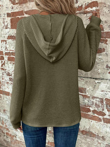 Waffle Knit Long Sleeve Drawstring Hooded Top