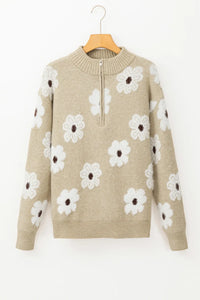 Flower Half Zip Long Sleeve Sweater