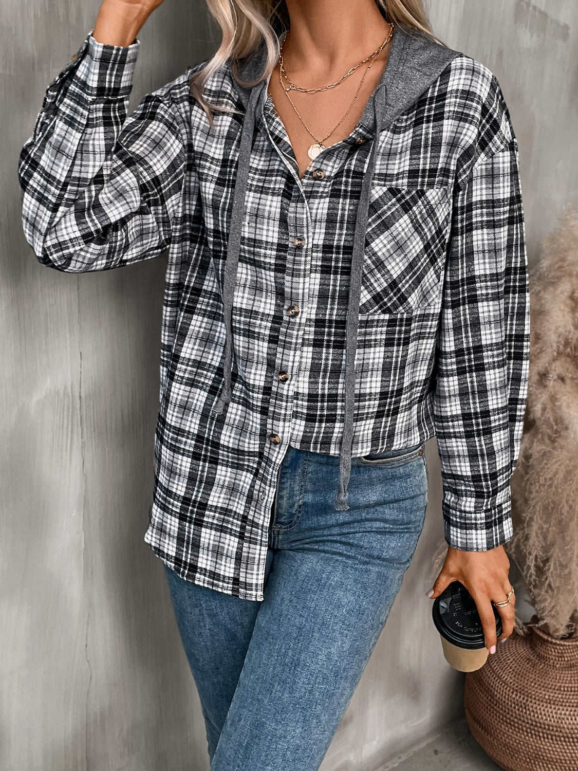 Plaid Long Sleeve Hooded Jacket