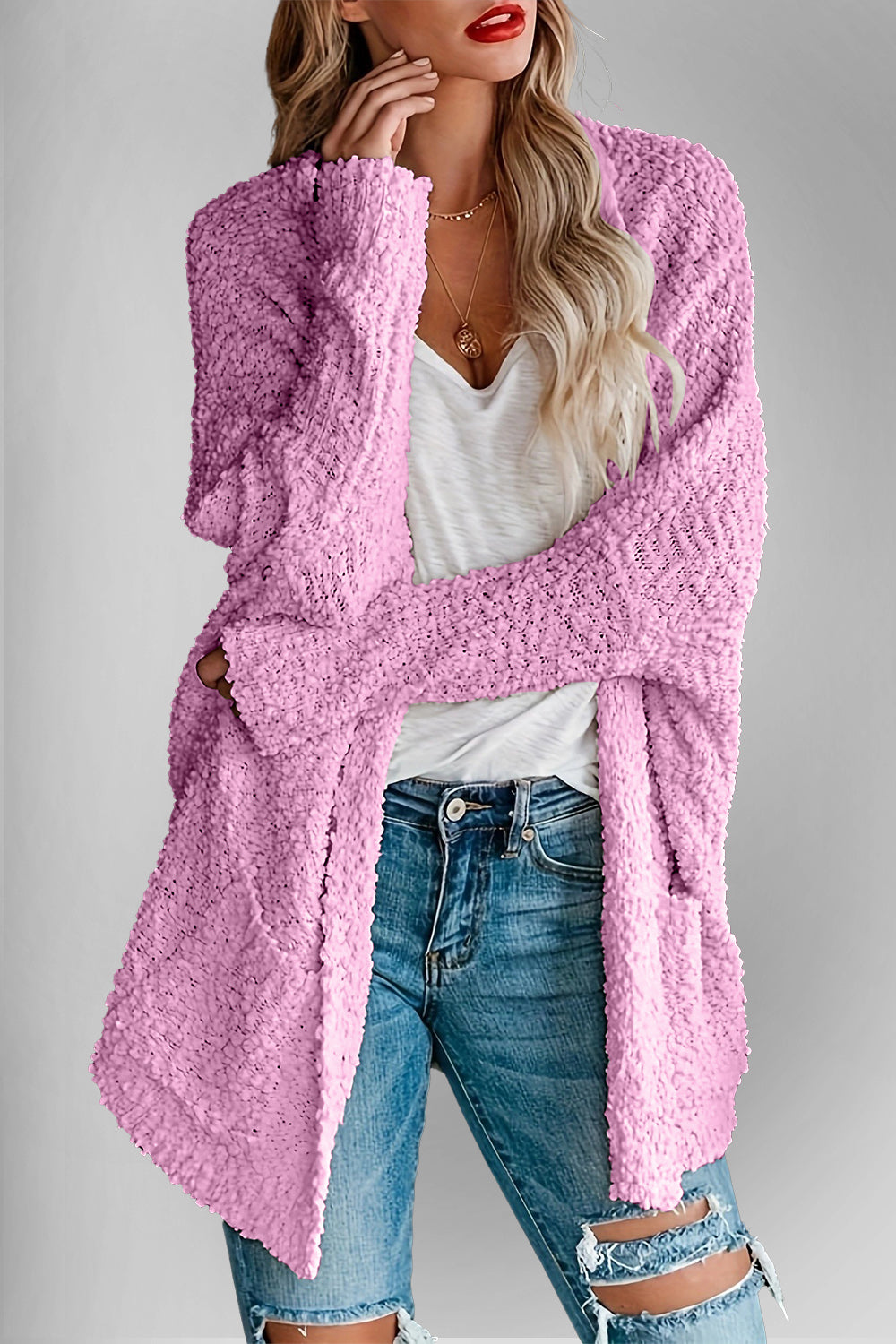 Double Take Pocketed Open Front Long Sleeve Cardigan