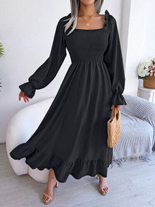 Smocked Square Neck Flounce Sleeve Dress