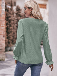 Eyelet V-Neck Flounce Sleeve Blouse